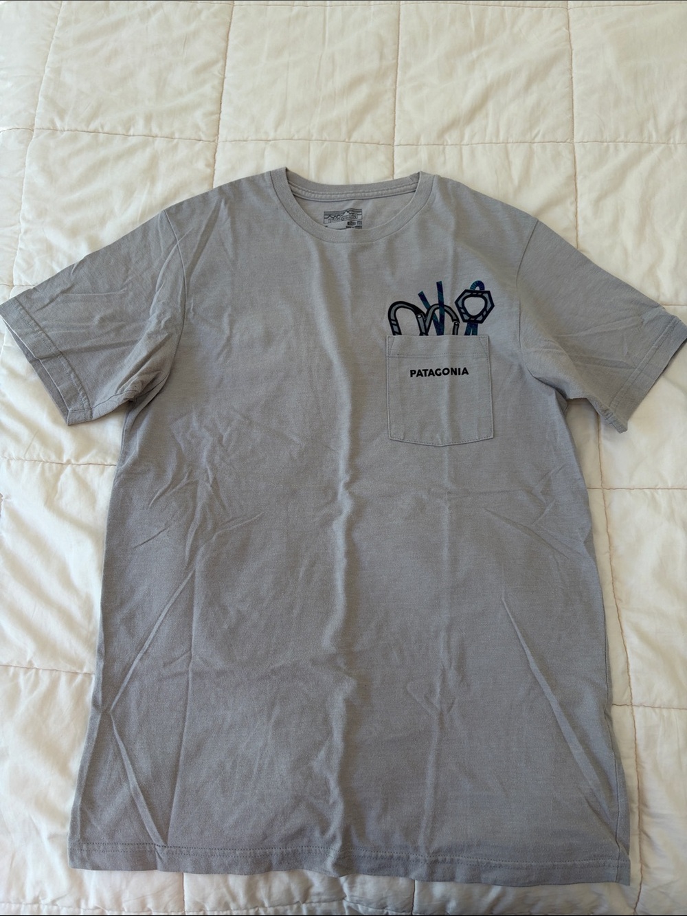 Patagonia Light Gray Short-Sleeve Pocket Tee with Navy Tool Graphic